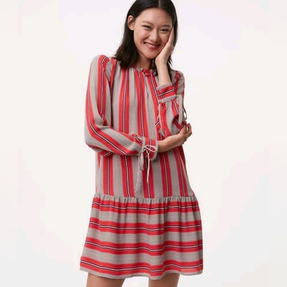 Ann Taylor Loft Spiced Stripe Whimsical Tie Cuff Drop Waist Shift Dress Sz SP